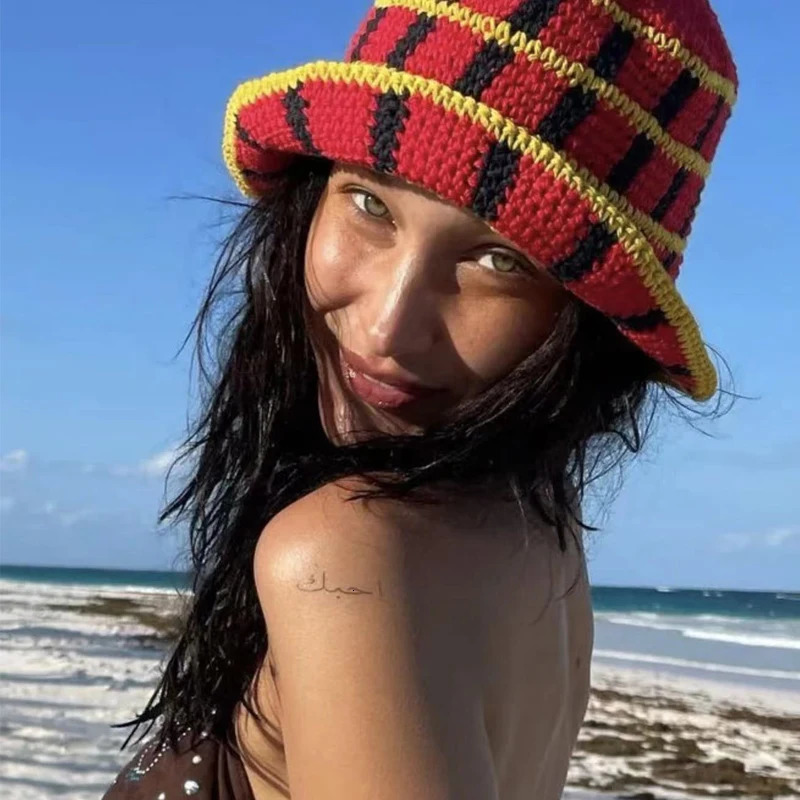 Japanese Korean Color Contrast Plaid Bucket Hat Women Ins Handmade Crochet Hat Summer Vacation Beach Hat Casual Knitted Hat 250106