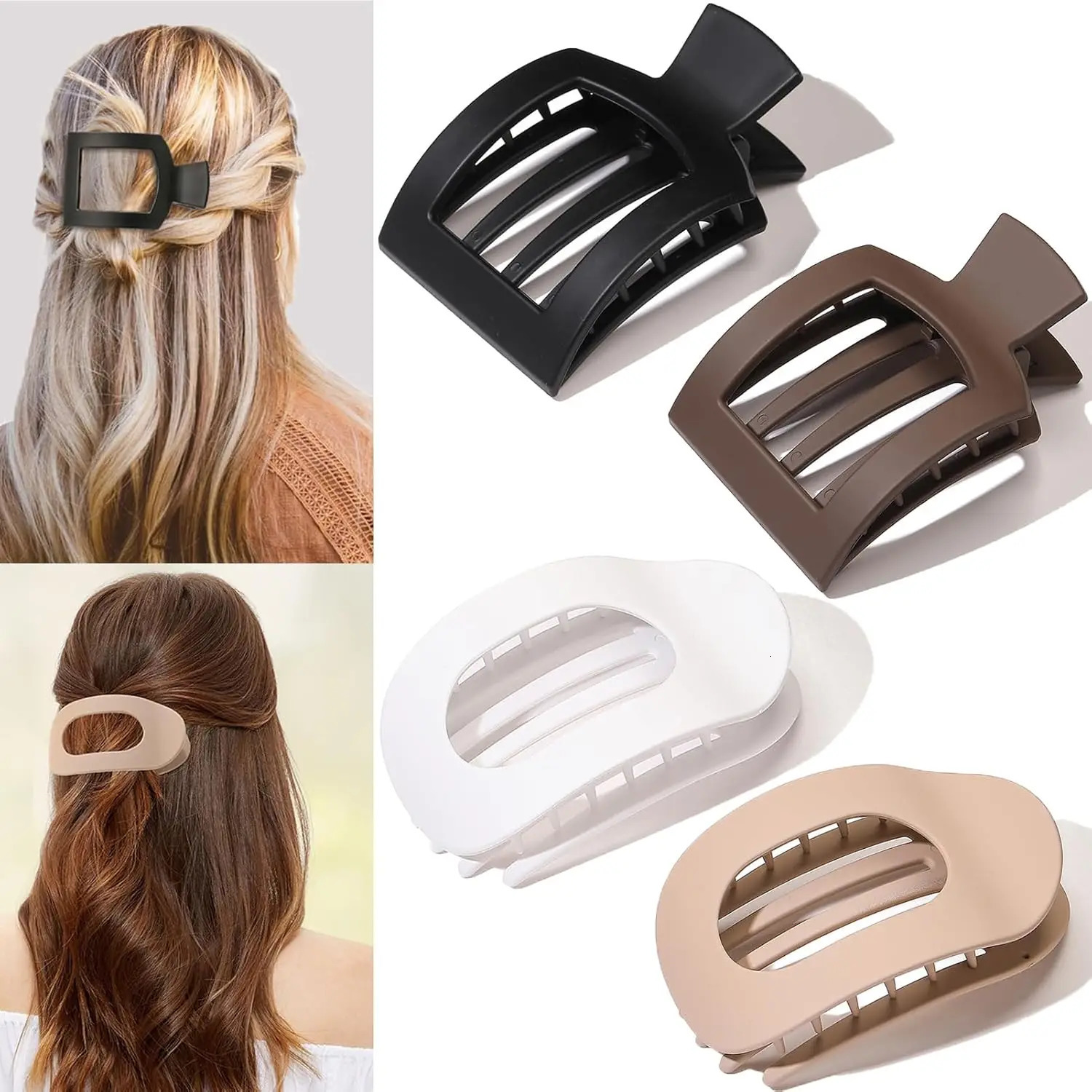 4 PCS Flat Hair Clips Lay Flat Hair Claw Clips for Women 2 Styles Medium Matte Claw Clips for Thick and Thin Hair French Stro 250106