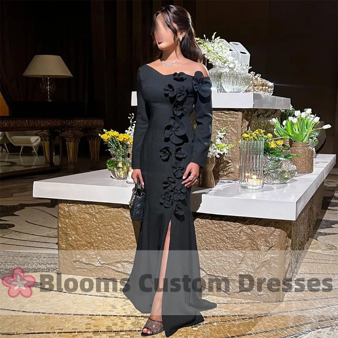 Blooms Elegant Custom Black Crepe Long Sleeve Flower Evening Dress Shoulder Seam Formal Party Ball Dress 250103