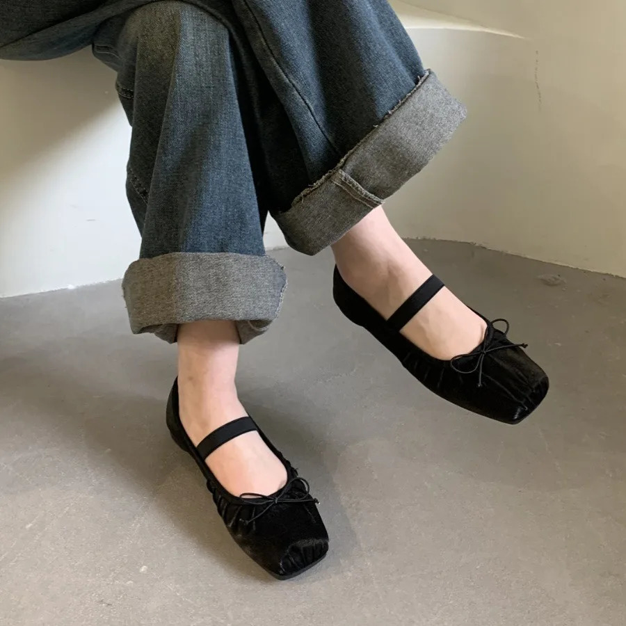 Soft Shoes Woman Flats Casual Female Sneakers Bow-Knot Square Toe Dress Ballerinas Summer Butterfly Spring Silk Solid Mary J 250106