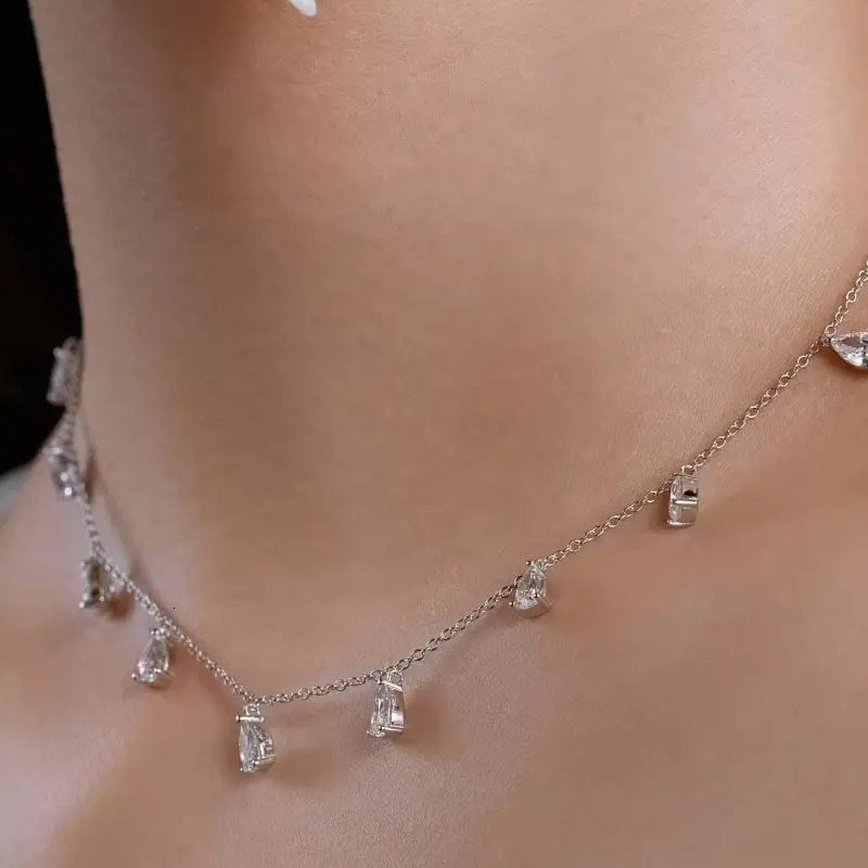 Real S925 Silver Droplet Necklace Women Diamond 9 Charm Pendant Necklace Jewelry Shiny 5A Zircon Girl Gift Female Party 250106