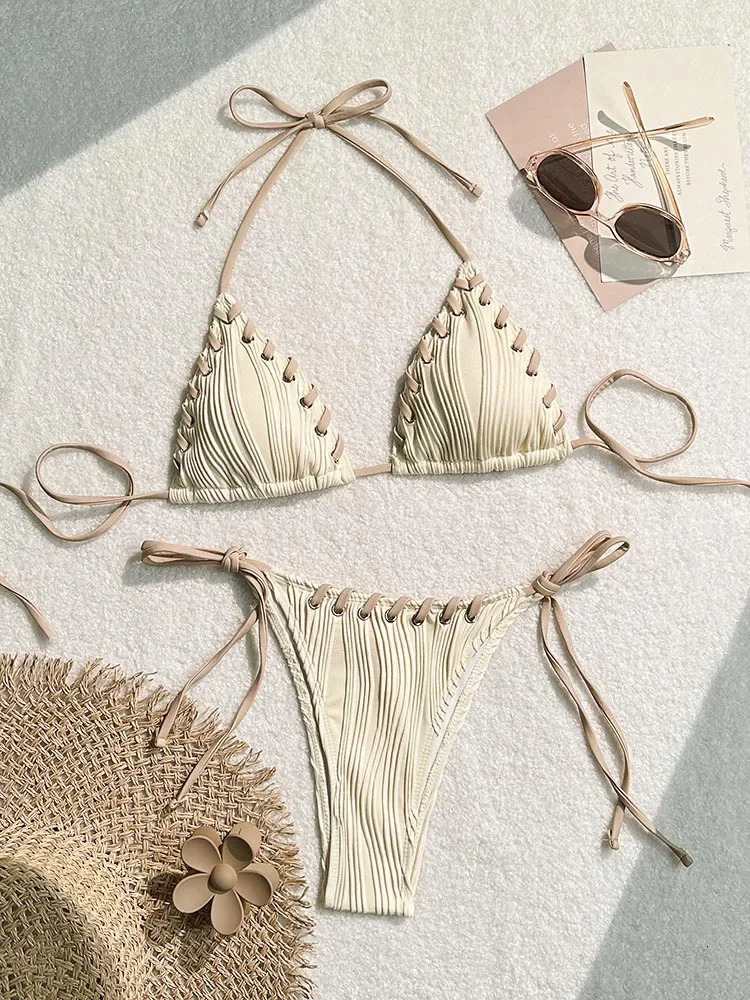 Sexy Bathing Suit Women Orange Swimsuit Halter Bikini Set Twopiece Split Biquinis Drawstring Swimwear Lace Up Beach Wear 250106