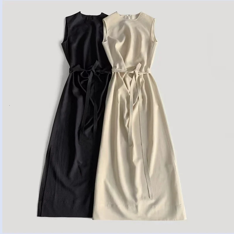 early spring viscose linen water ripple pleated lace up waist length dress 250103