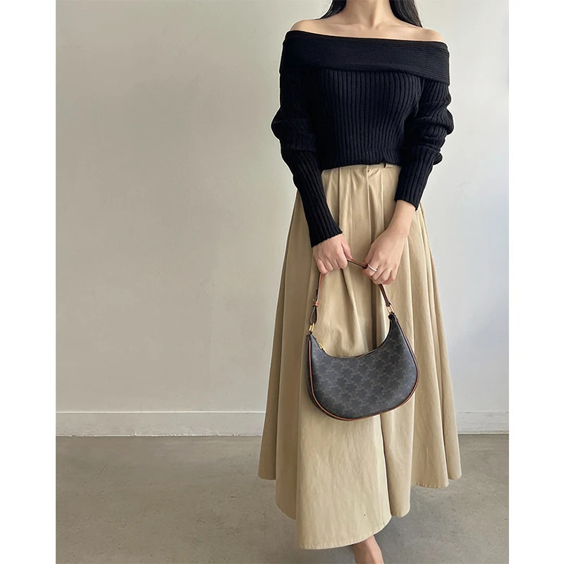 MEXZT Elegant Slash Neck Sweater Women Sexy Off Shoulder Black Knitted Pullovers Korean Aesthetic Knitwear Long Sleeve Jumpers 250103