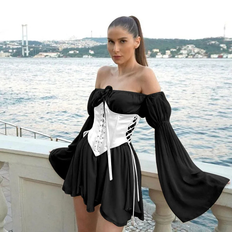 Off Shoulder Mesh Yarn Short Dres Summer Dress Flare Sleeve Lace Up Corset Bustier Aline Evening Party 250103