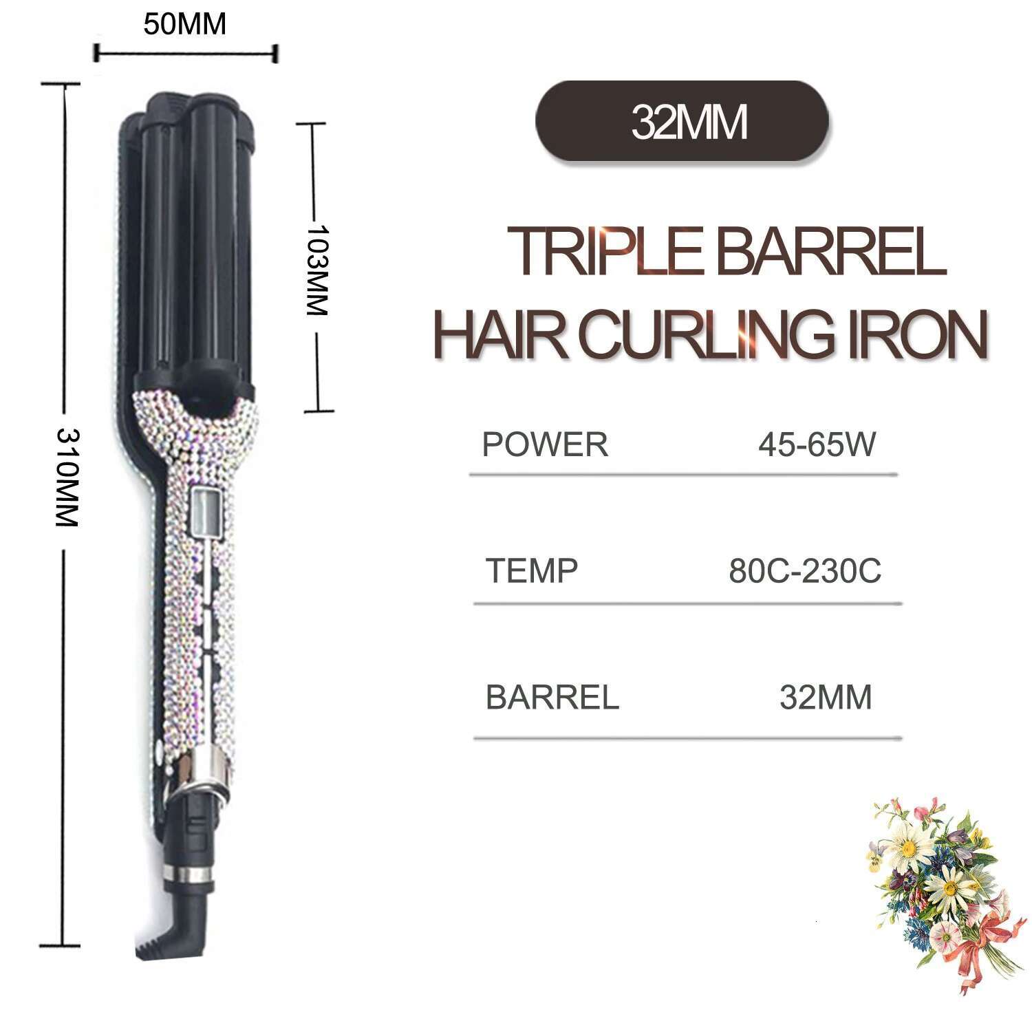 Deep Wave Crimp Rhies Temperature Adjustale Cermaic Triple Barrel Curg Iron with LCD Display for Hair Stylist