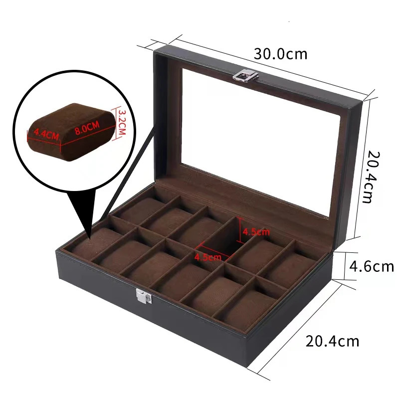 6/10/12 Slot Watch Box Bracket Storage Box Organizer Black PU Leather Watch Display Box About Hombre 30x20x8cm 250102