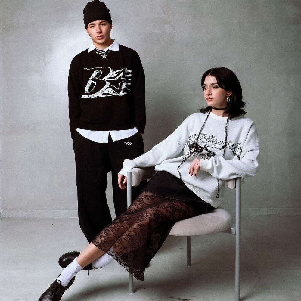 Ins knitted personalized pattern jacquard round neck long sleeved high street loose sweater y2k