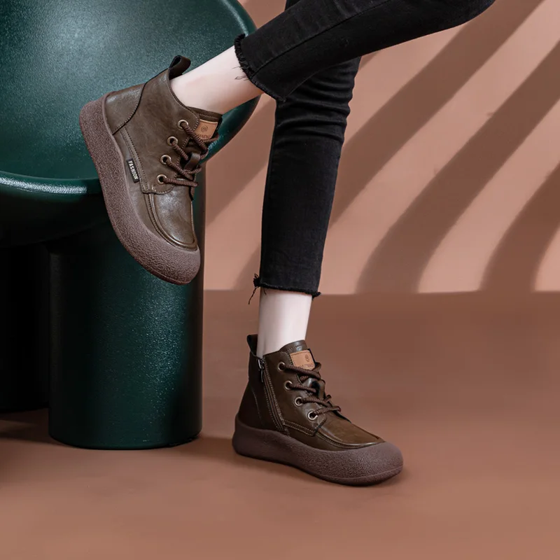 AIYUQI Boots Women Vintage Autumn Flat Women's Ankle Boots Fashion Plus Size Round Toe Lace-Up Booties Ladies