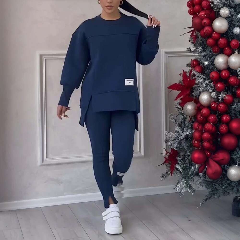 Cross-Border Women's Sports Sweatshirt Pants Sets Long Sleeve Pullover Tops+Trousers Winter Casual Warm Tracksuit Tights 2 Piece