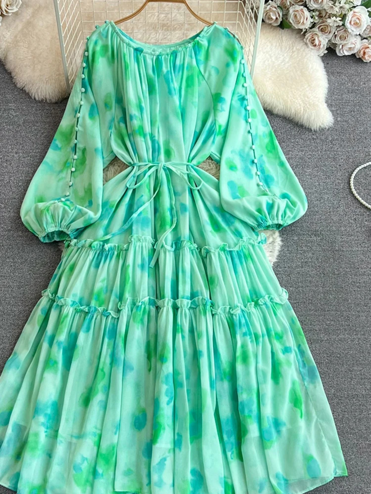 XFPV Women High Waist Mid Length Printing A-line Dresses Lantern Sleeve O-Neck Temperament Vestidos Spring Summer 2025 SM9853 250103