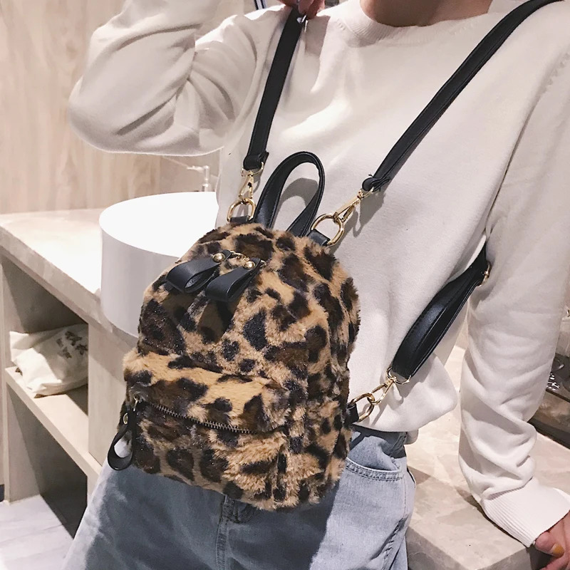 Autumn And Winter Cute Mini Leopard Backpack Velour Double Shoulder Bag Chain School Bags Backpacks 107 250102