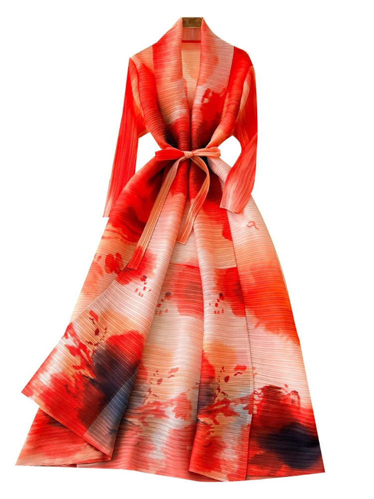 XFPV elegant style long sleeved lapel waist pleated belt printed womens Vestidos Y2k Korean fashion autumn 2025 250103
