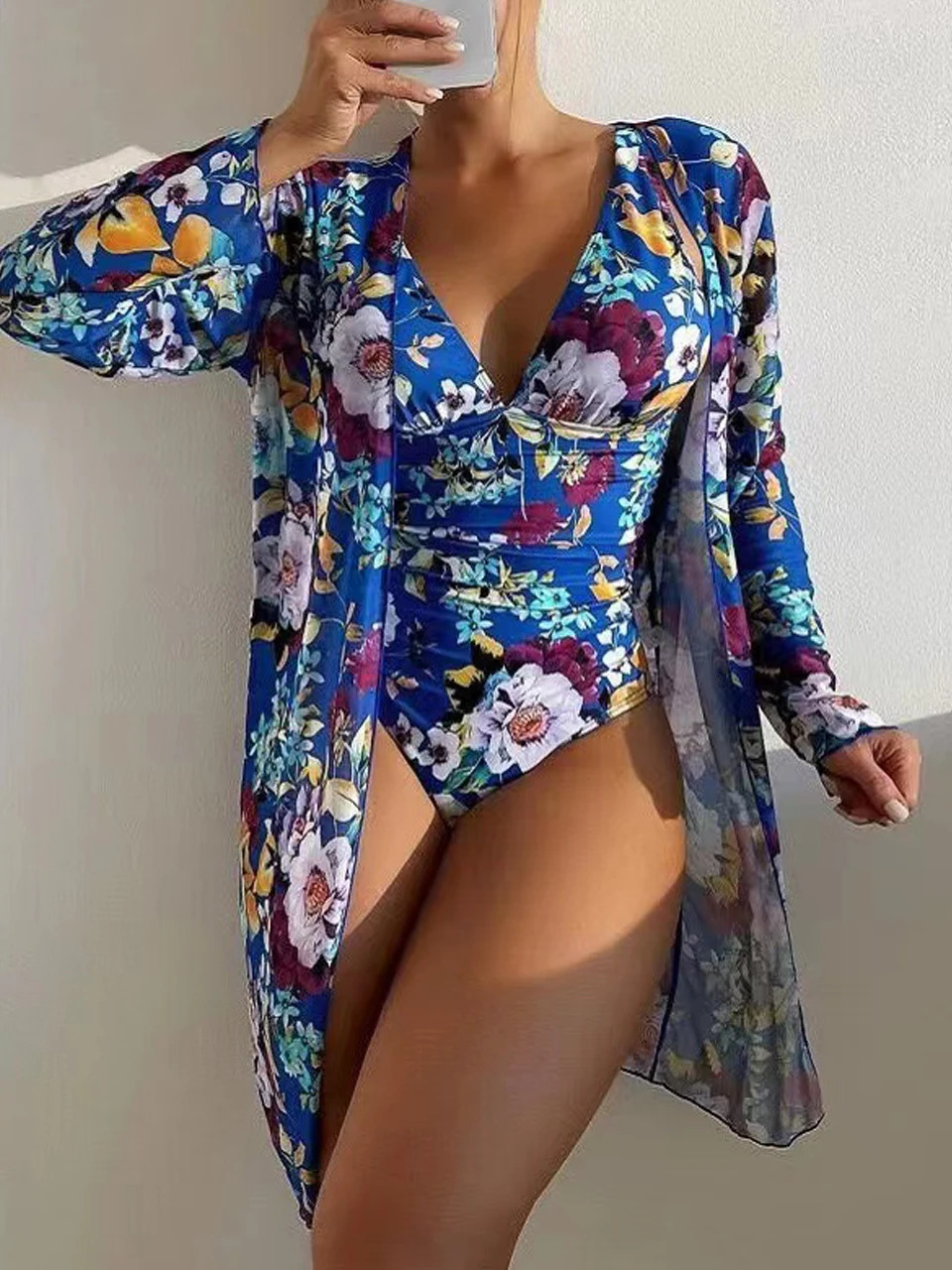 One Piece Vneck Tropical Print Swimsuit With Cover Up Swimwear Women Beach Wear Female Bathing Swimming Swim Suit Summer 250106