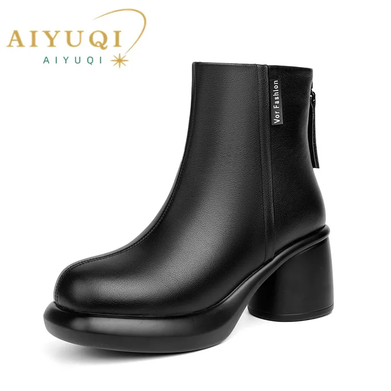 AIYUQI Women Ankle Boots Genuine Leather High Heel Women Dress Boots Retro Natural Wool Winter Boots Women