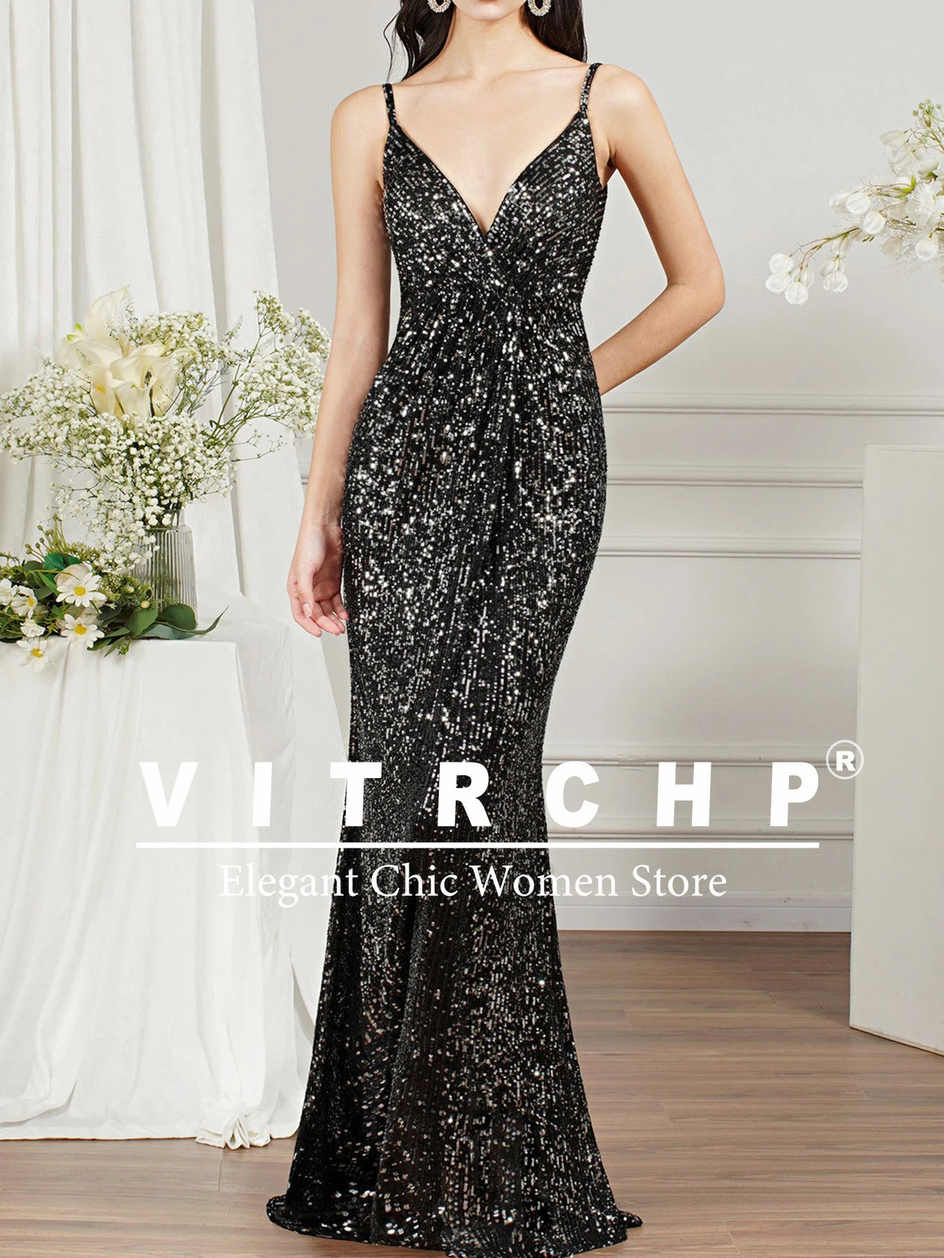 Sparkling mermaid long ball dress spaghetti strap high waisted seam formal evening dress sexy floor length formal occasion dress 250103