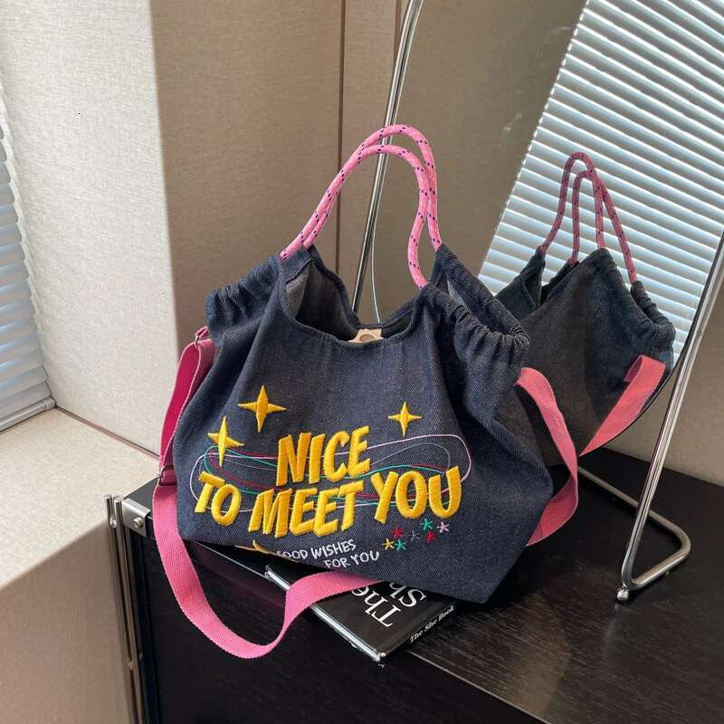 Large embroidered letter crossbody for women, casual denim cloth bag, large capacity canvas tote bag