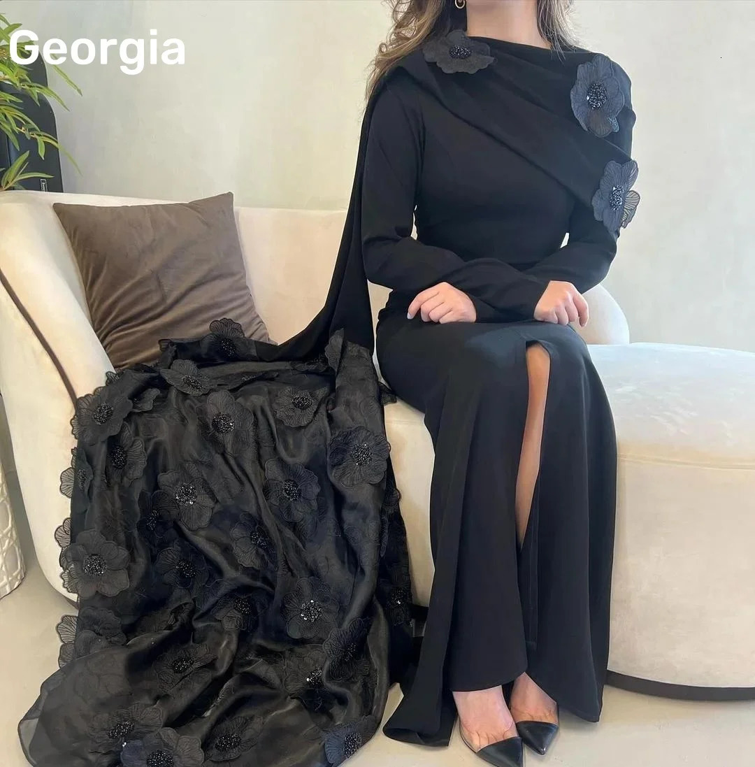 Customized Evening Dress Column Round Neck Ball Dress Beads Handmade Flower Zipper Long Sleeve Vestdos De 250103
