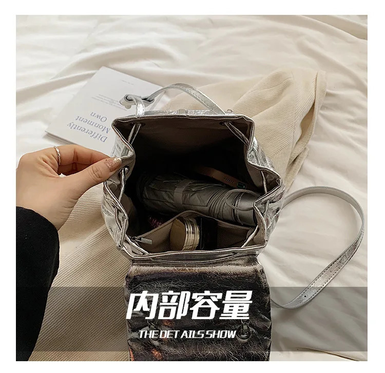 Laser Shiny Patent Leather Womens backpack Casual Chain Drawstring Lock Bucket School Bag Travel Bag 250102