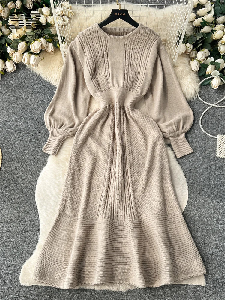 SINGREINY Loose Casual Knit Long Dress Women Solid Elastic Waist Lantern Sleeve O Neck Ladies Fashion Winter Sweater Dresses 241230