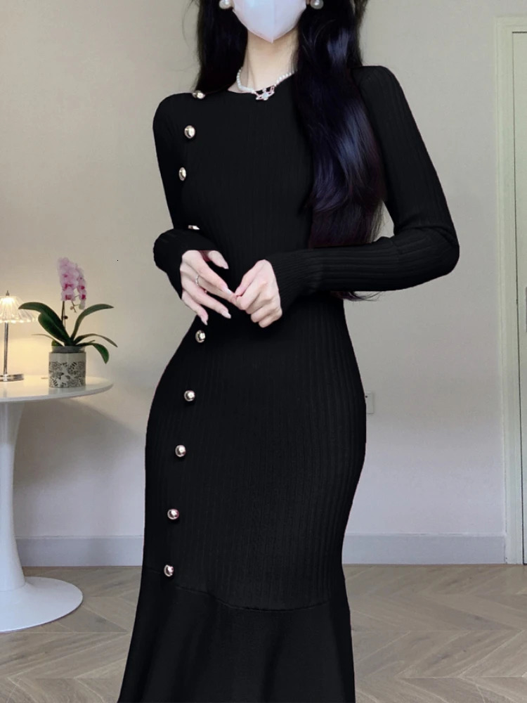 Korean Fashion French Knitted Dress Womens High Waist Fishtail Dress Autumn Winter Long Sleeve Elegant Tight Dress 250103