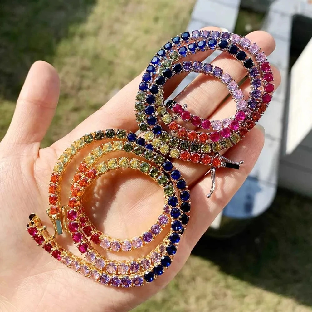 Arrived 4mm Rainbow Cubic Zircon Paved Cz Tennis Chain With Gold Color For Women Lady Hip Hop Fashion Necklaces For Party 250106