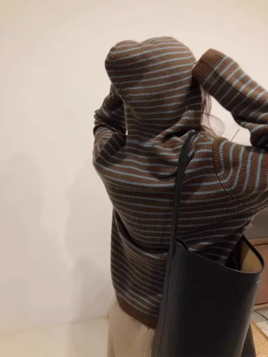 Maillard Loose Soft Glutinous Idle Sle Hood Striped sweater Outerwear Women Autumn and Winter Korean Series Knitted Top 250103