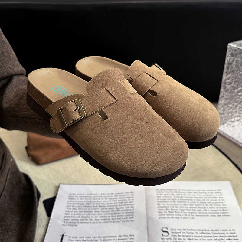 2025 slides slippers clogs British style thick soled slippers for women new spring and summer with toe cover and buckle strap for casual lazy shoes