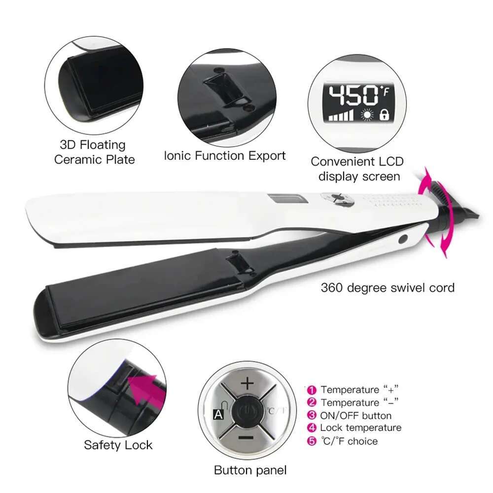 Professional Hair Straightener Multi-speed Adjustment PTC Fast Heating Flat Iron with Wide Plate and LED Screen Styg Tools
