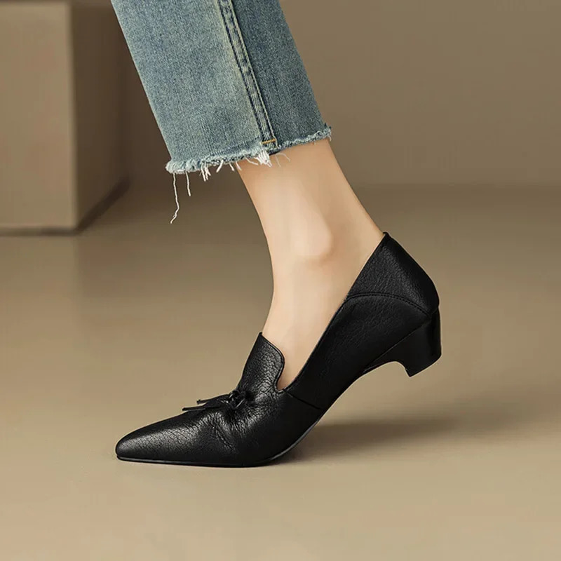 Phoentin office lady elegant black shoes Womens pointed Toe mid Heels 2024 Genuine leather retro pumps 250103