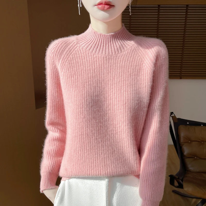 Autumn and winter 100% pure wool womens semihigh neck pullover European loose padded knit bottoming shirt 250103