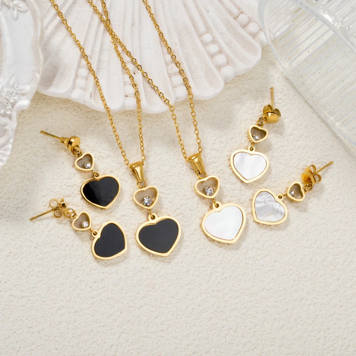 2PCS Sets Jewelry Female Cute Heart Zircon Pendant Cuban Gold Plated Earring for Women Wholesale Stainless Steel Charms 250102