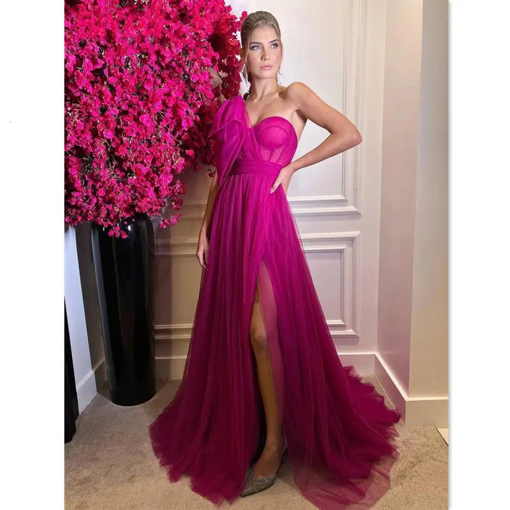Single shoulder chiffon rose pink A-line party dress sexy side split party dress free customization of evening dress 250103