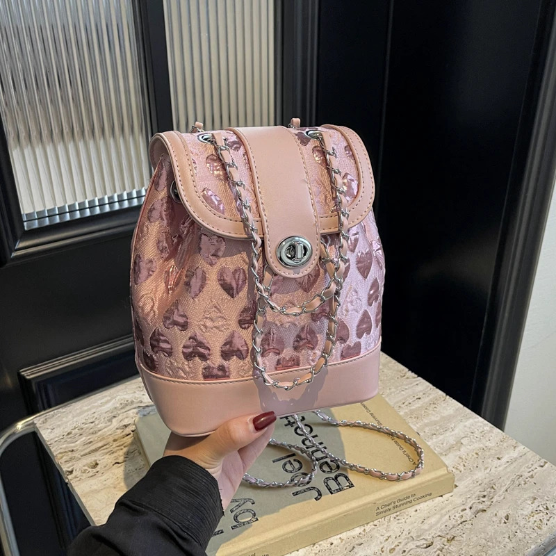Heart Pattern Fashion PU Solid Backpack Chains Stylish Fresh High Quality Backpack for Women Casual Style on Sale 250102