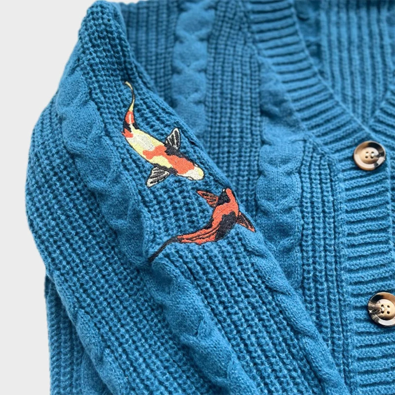 Fashion Koi Fish Embroidery Sweater Women Autumn Winter Vintage V Neck Long Sleeve Knitwear Coat Y2k 250103