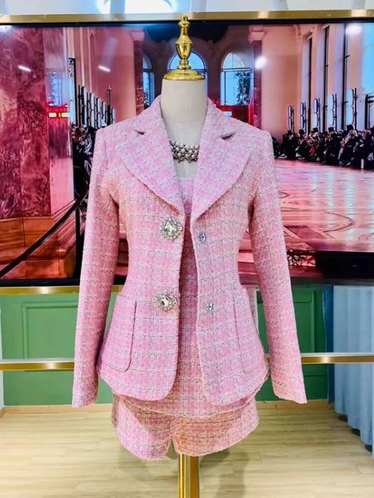 Pink Tweed Suit Jacket Autumn Winter New High Quality Dia Buckle Splicing Slim Elegant Commuter Coat Backless Bow Set Women