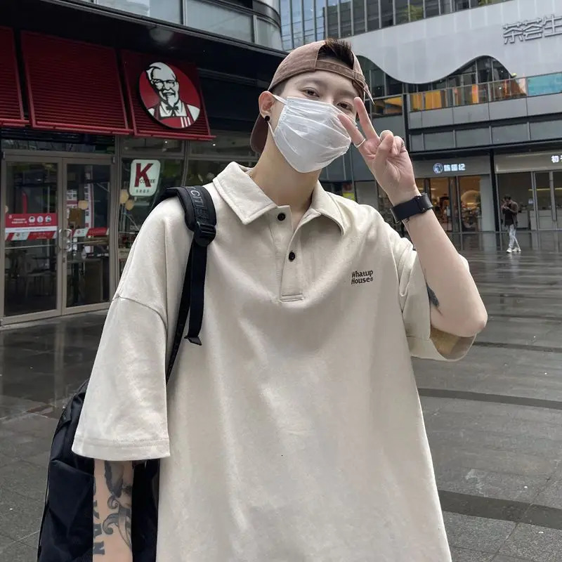 Mens trend polo shirt summer loose solid color loose letter printed casual T-shirt top fashionable retro mens clothing 250103
