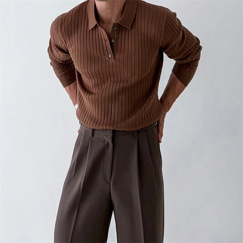 Autumn long sleeved knitted mens polo shirt solid color elegant mens polo shirt swivel neck business casual top mens clothing 250103