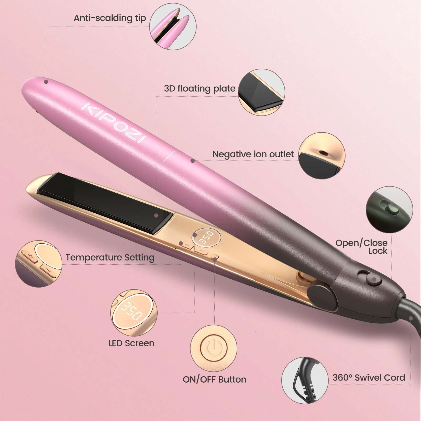 KIPOZI R7 Rose Gold Straightener Curg Titanium Flat Iron for Different Style Salon Hair Styg Tool