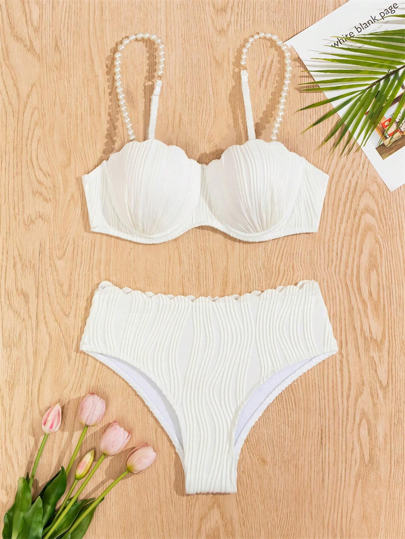 Stylish Shell Bikini Women Two Piece Swimsuit Solid Colors Pearl Straps Bikinis Set Scallop High Waist Swimwear with Underwire Lady Bathing Suit Brazi