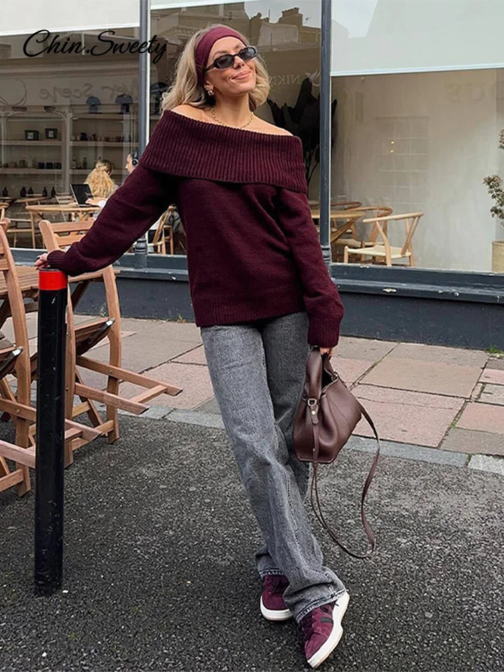 Elegant Burgundy Off Shoulder Sweater Women Knitted Long Sleeve Slim Fit Pullover Top Spring High Street Casual Knitwear 250103