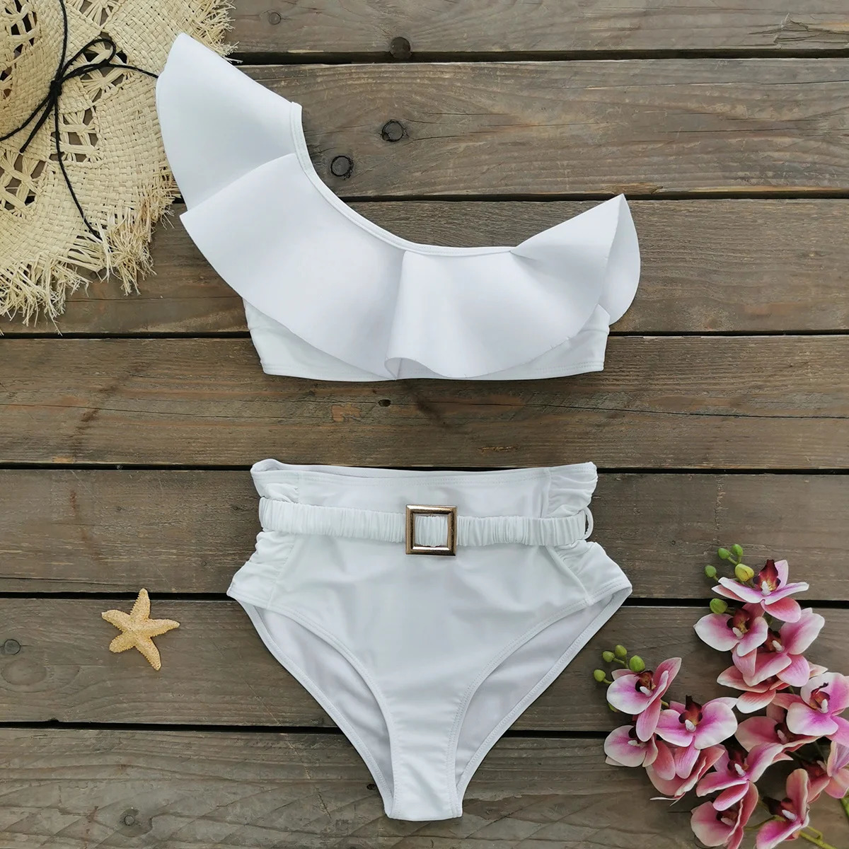One Shoulder High Waist Swimwear Women Swimsuit Bikini with Skirt Tummy Control Bikinis Set Bathing Suit Biquini 250106