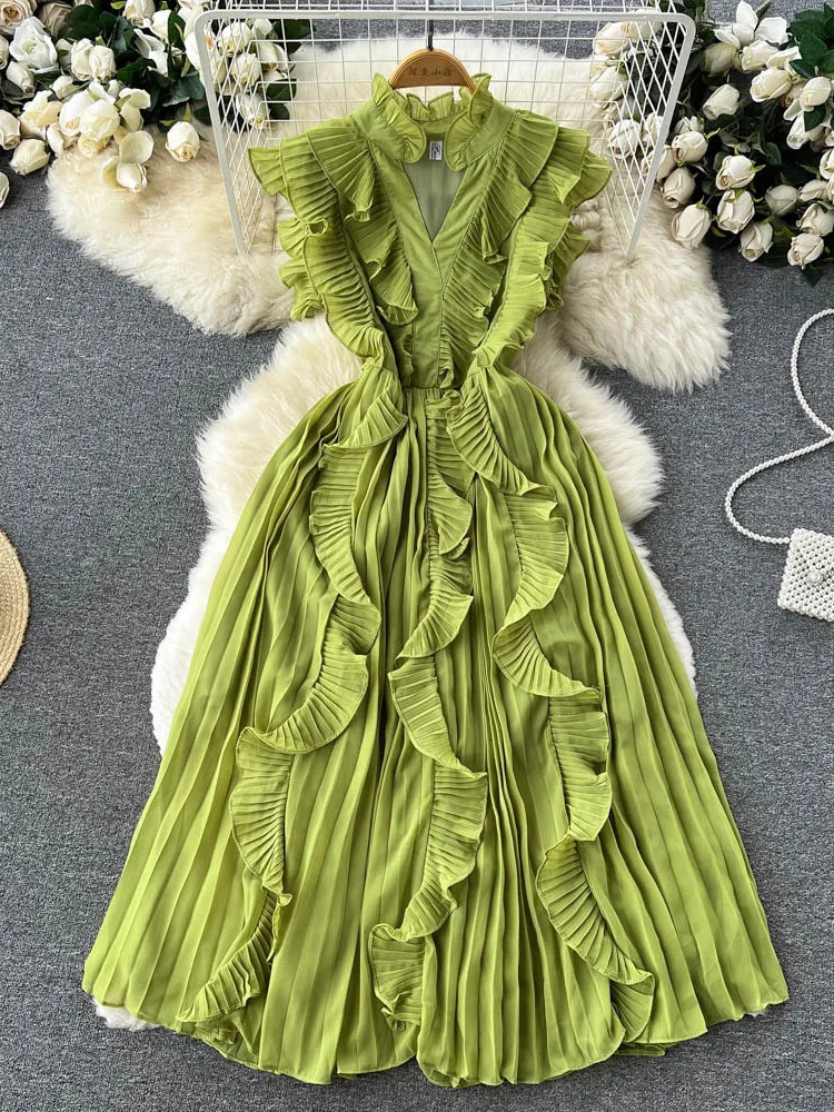 XFPV Elegant Dress Women Prairie Chic Ruffles Patchwork Slim A-line Chiffon Sleeveless Vestido 2025 Summer Fashion SM7493 250103