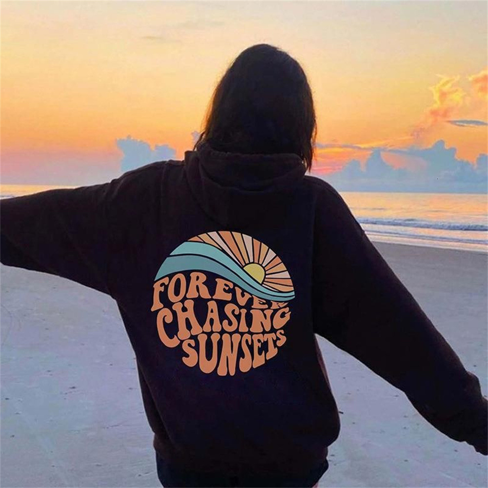 2024 American Velvet Always Chases The Sunset Kangaroo Pocket Drawstring Printed Hoodie