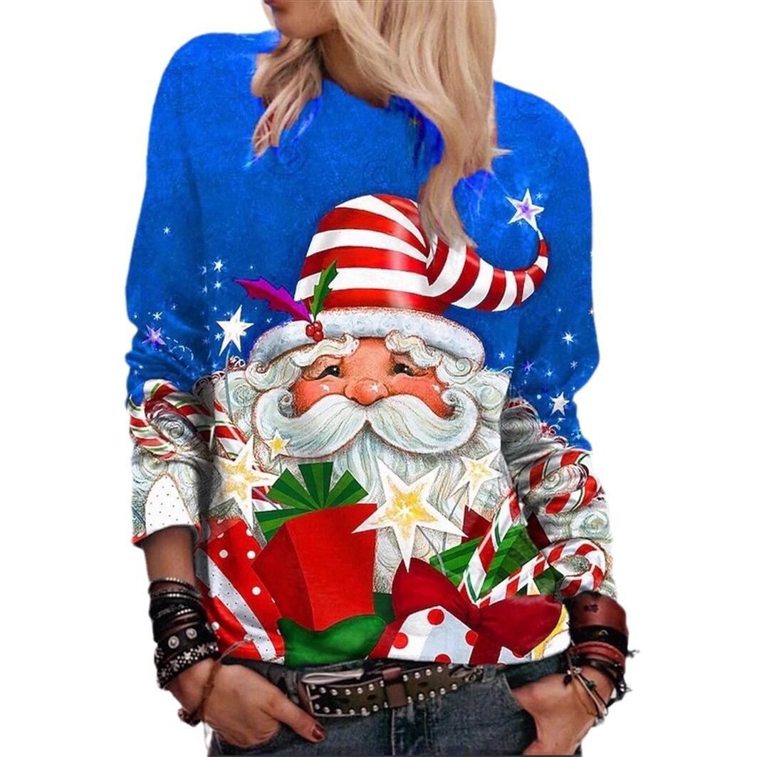 New Model With Free Shipping Women's New Top Loose Round Neck Printed Long Sleeved T-shirt