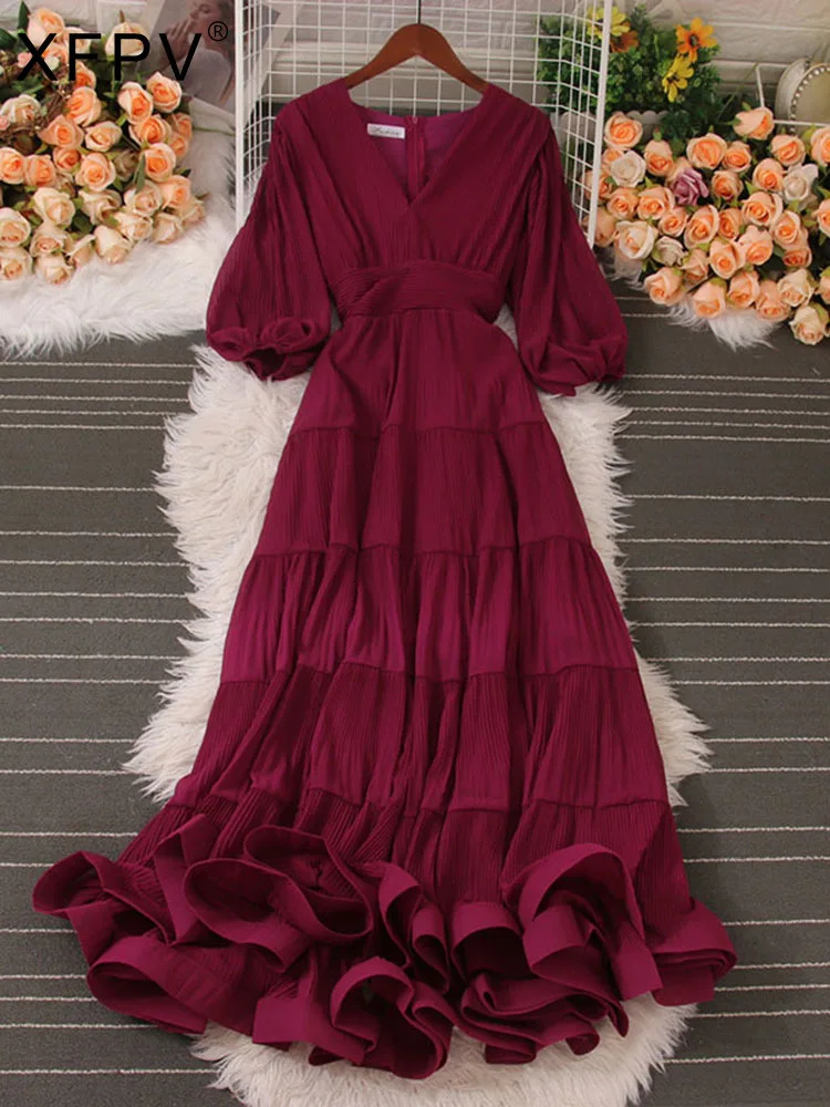 XFPV Elegant Solid Puff Sleeve Folds Long Dress Women Temperament Ruffles Hem Ruched Vestido Female 2025 Summer SM7067 250103
