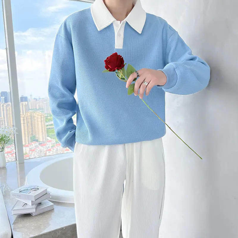 Autumn and Winter Fashion Polo Neck Solid Color Mens Clothing T-shirt Long Sleeve Floral Korean Embroidery Chaopai Youth Top 250103