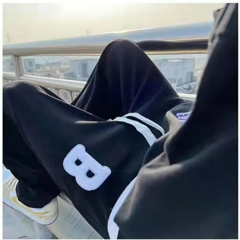 High street sports trend straight casual pants mens embroidery loose elastic waist sports drawstring pocket wide leg Trousers 250103