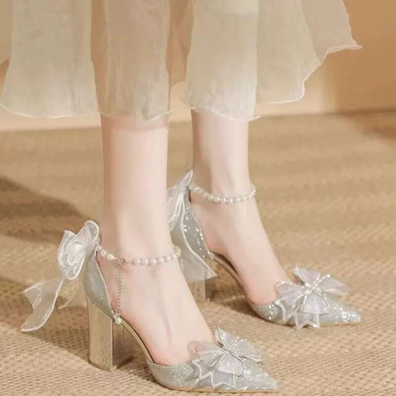 Spring Autumn Pointed Party Women's Wedding Bridal Bow Chunky Heel Sier Sequins Fairytale Lolita Style Single Shoes