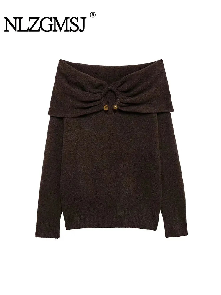 TRAF Women Edge Curl Ruched Off Shoulder Sweater Long Sleeve Knitted Sweaters Woman Chic Casual Pullovers Tops 250103